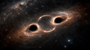 Deux trous noirs supermassifs en orbite l'un autour de l'autre, leur gravité amplifiant la lumière d'une étoile en arrière-plan