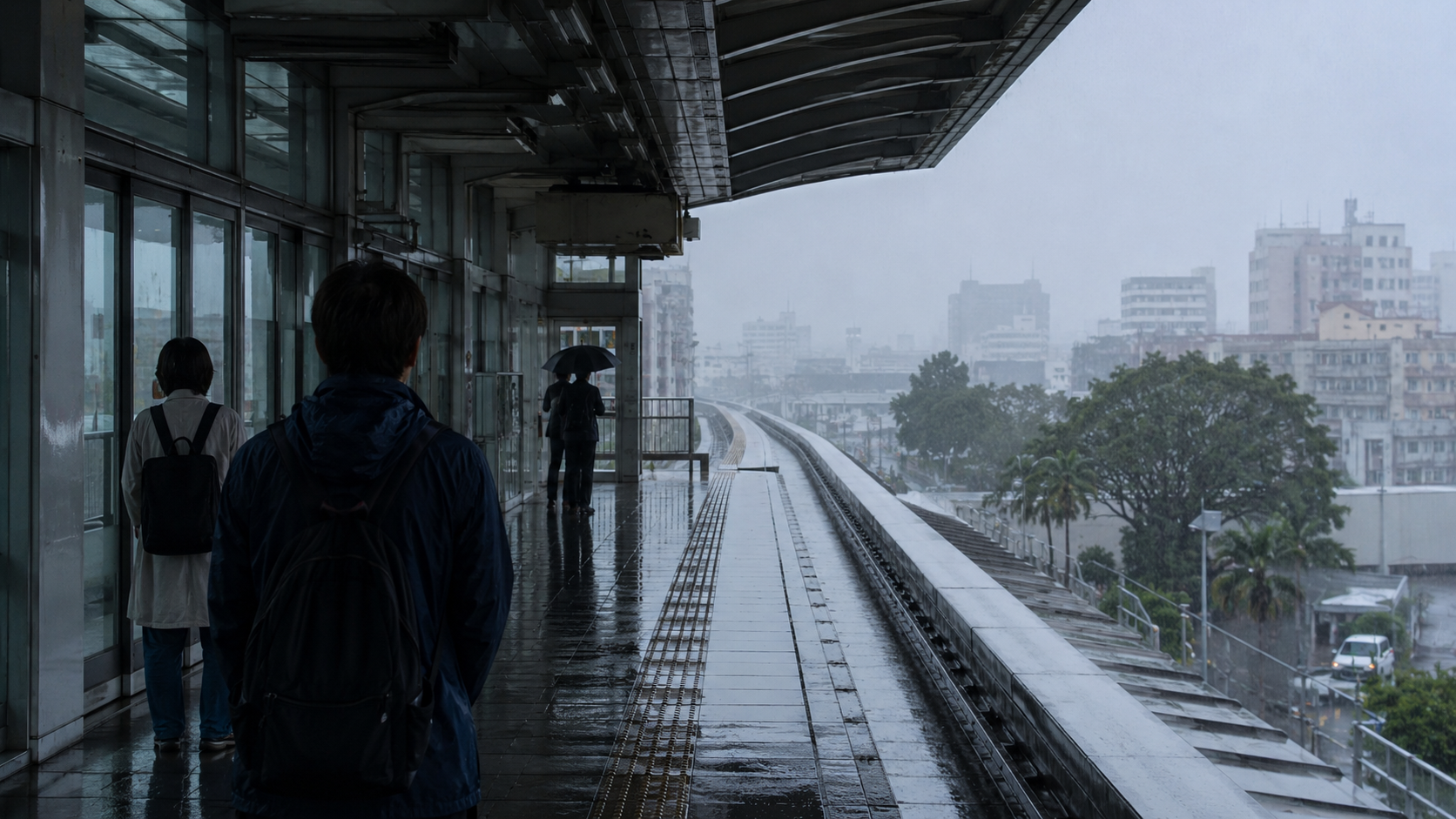 Quai de transport vide sous la pluie à Okinawa