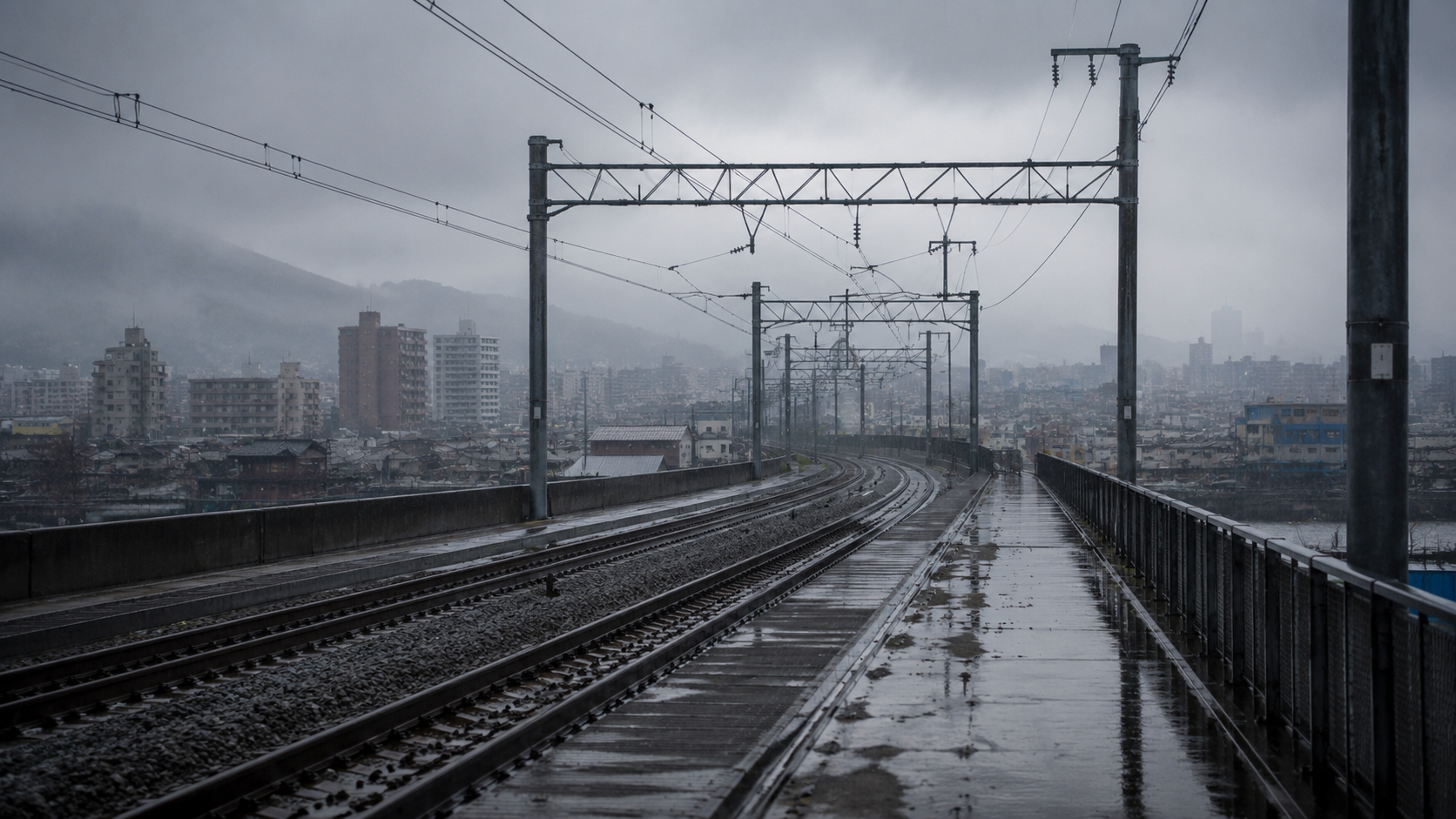 Rails japonais sous une pluie persistante après le passage du Typhon Jangmi