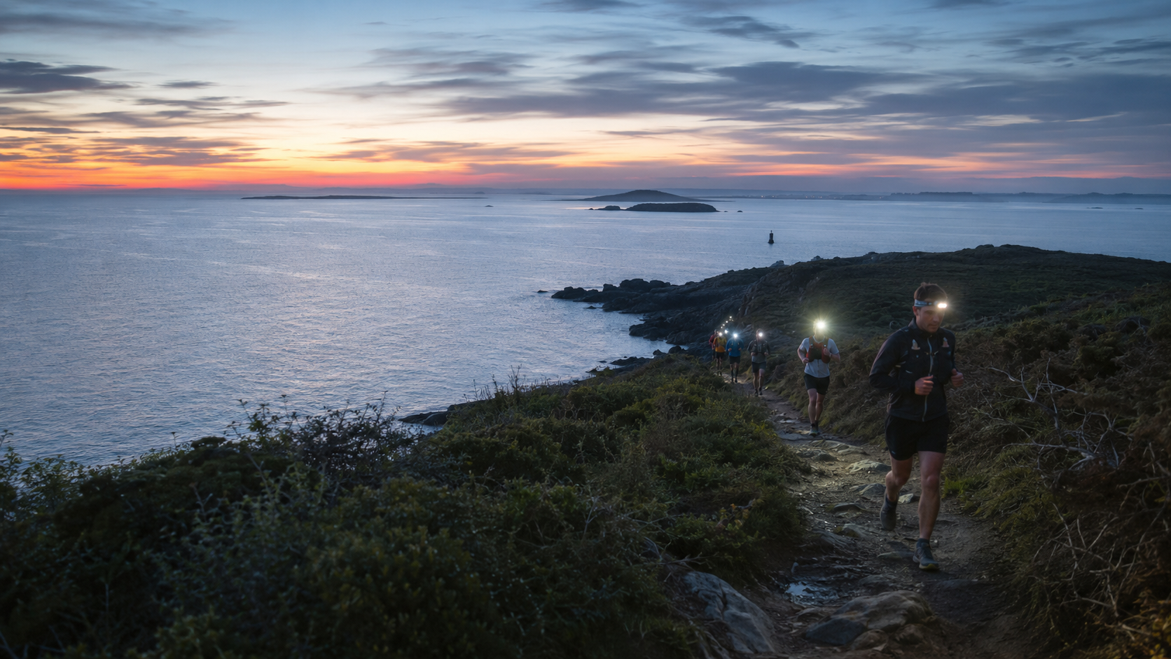 Une file de coureurs progresse sur un sentier côtier breton au lever du jour, mer et îlots en arrière-plan