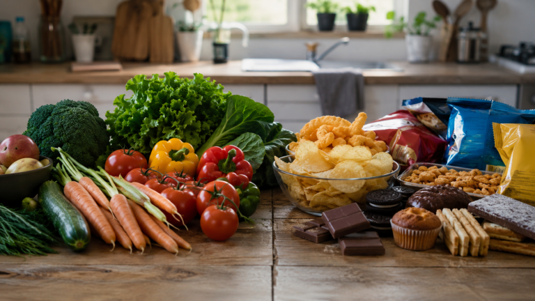 Table de cuisine partagée entre aliments frais et produits ultra-transformés emballés
