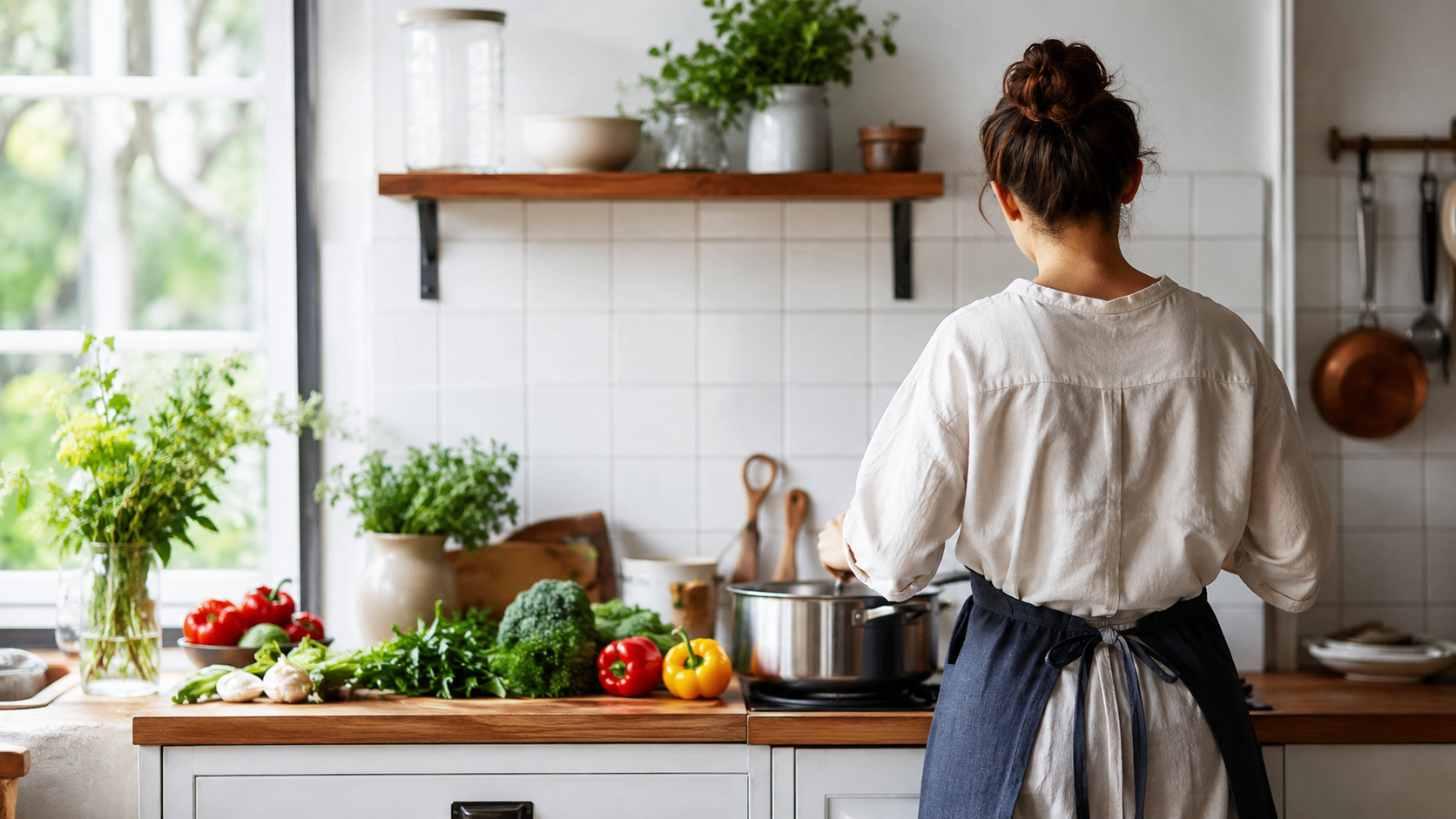 Cuisine domestique avec légumes frais et casserole sur le feu, lumière naturelle