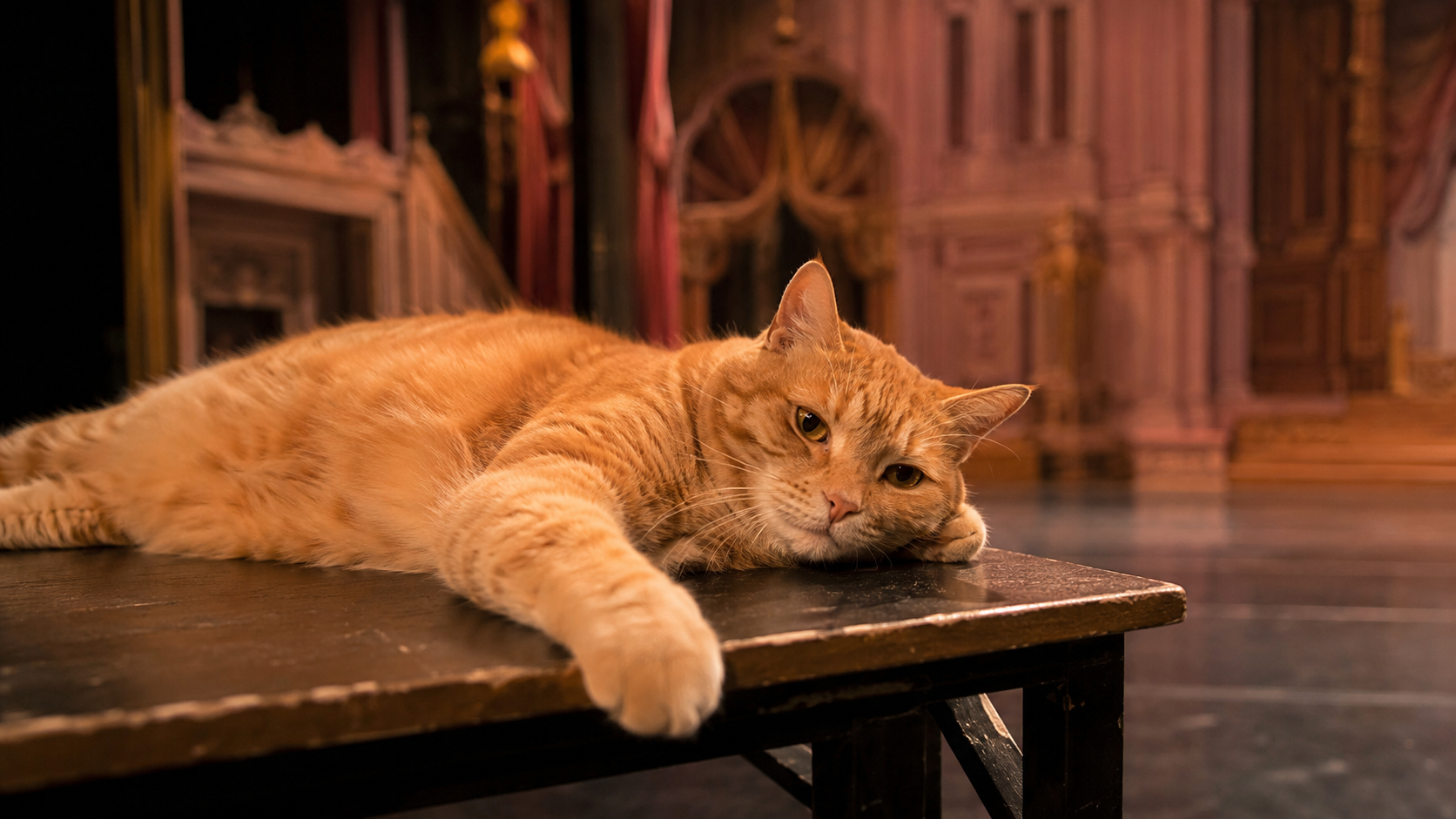 Chat roux allonge sur une table de scene de theatre sous un projecteur chaud