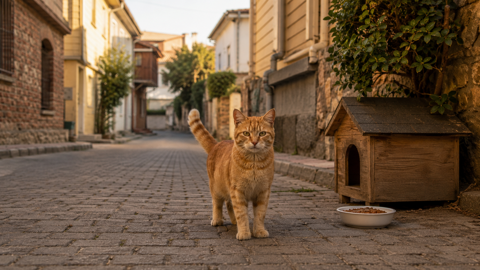 Chat roux des rues assis pres d'un petit abri en bois et d'une gamelle dans une rue pavee turque