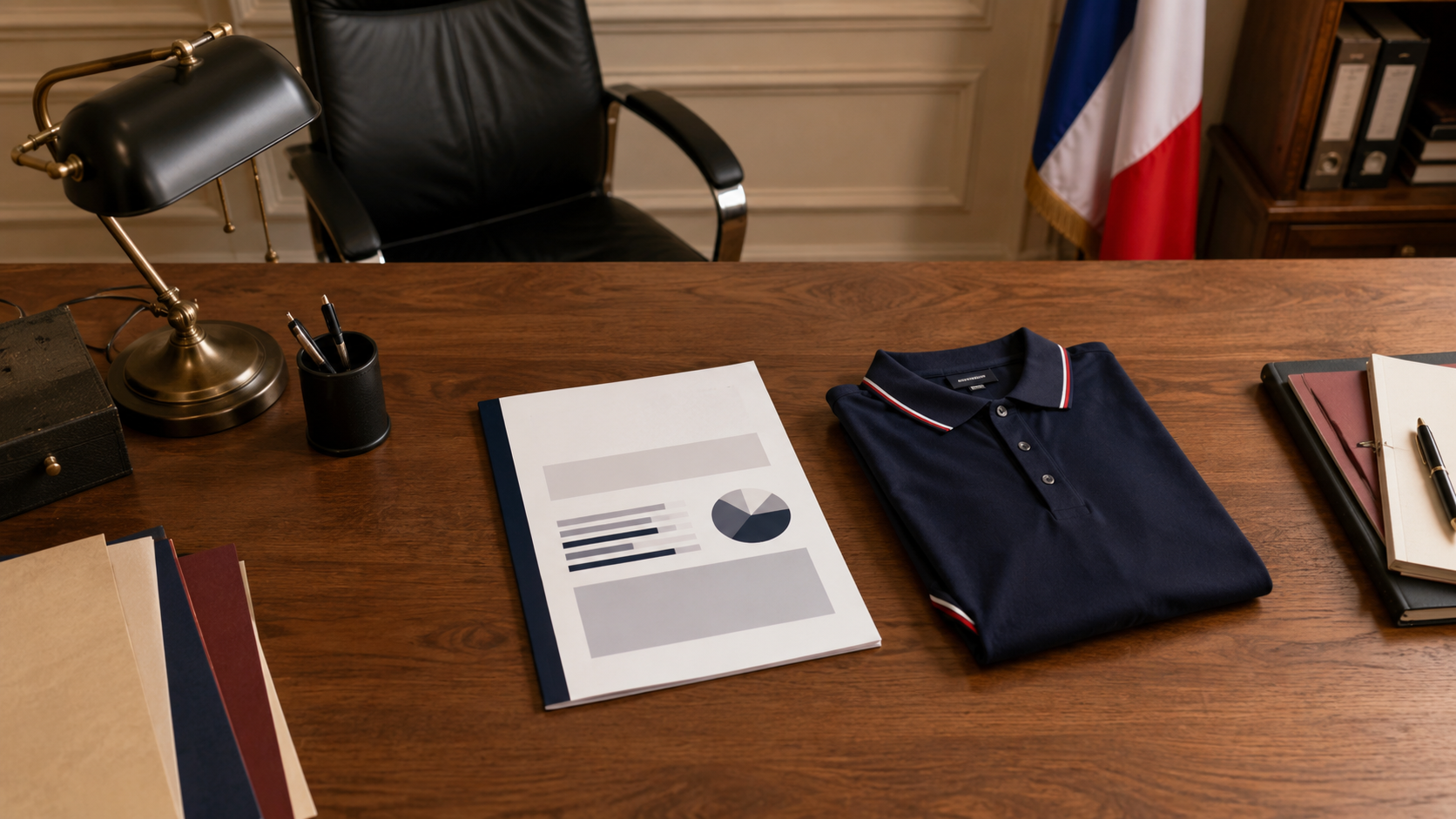 Bureau de direction d'école avec un rapport et un polo d'uniforme plié
