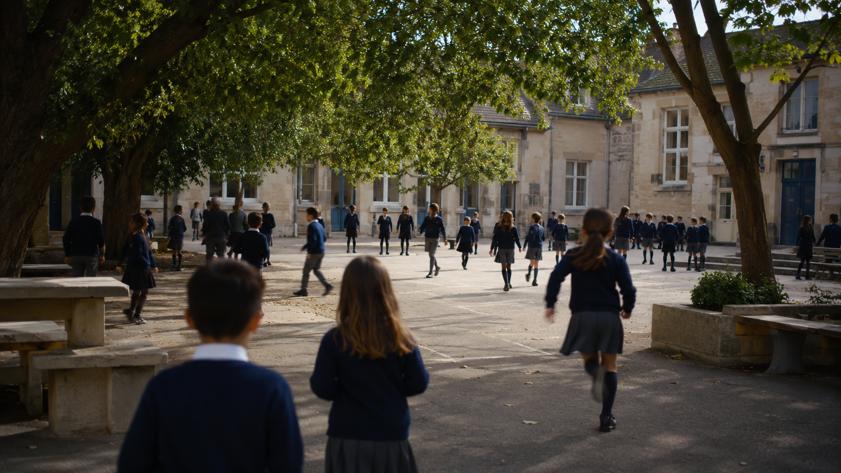Cour d'école à la récréation, enfants en tenue identique vus de loin