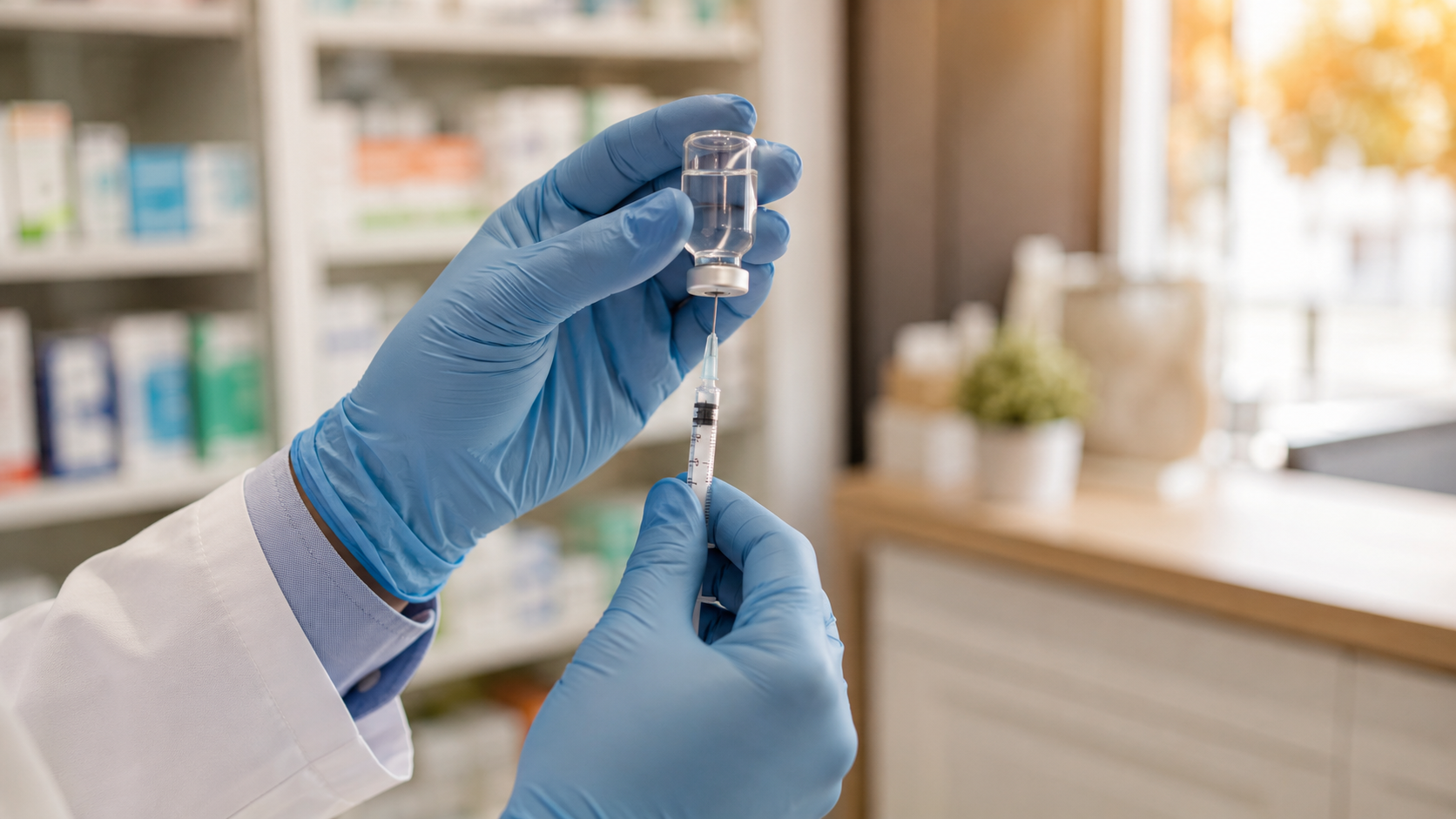 Les mains gantées d'un pharmacien préparant une dose de vaccin contre la grippe