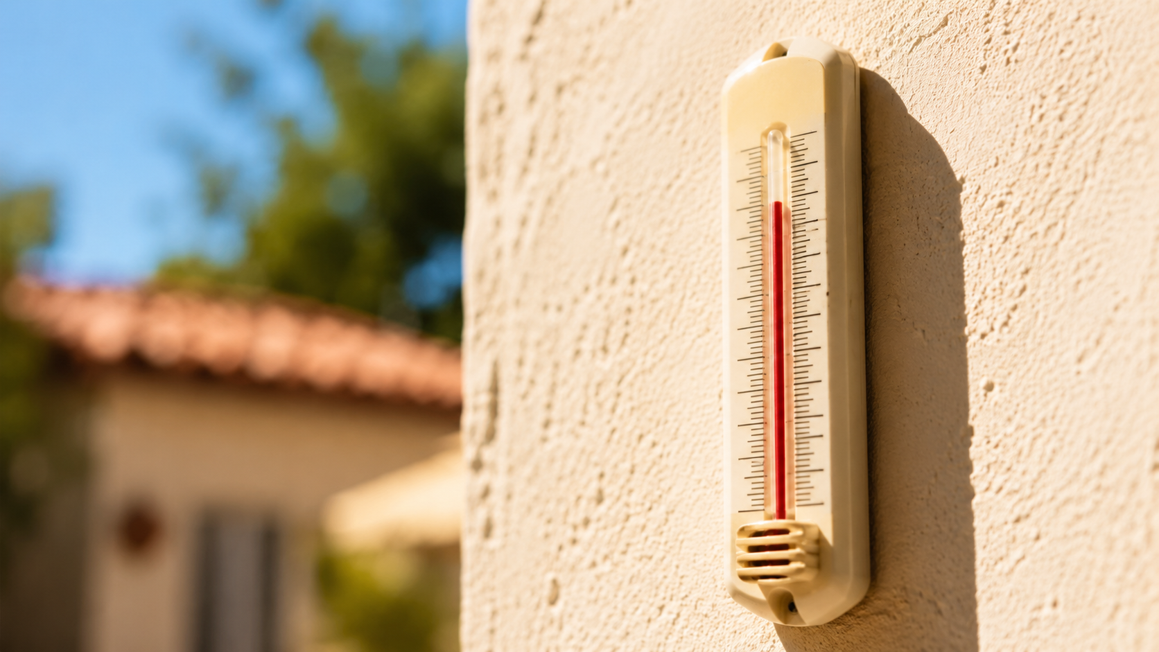 Thermometre exterieur poussant haut sous le soleil de midi