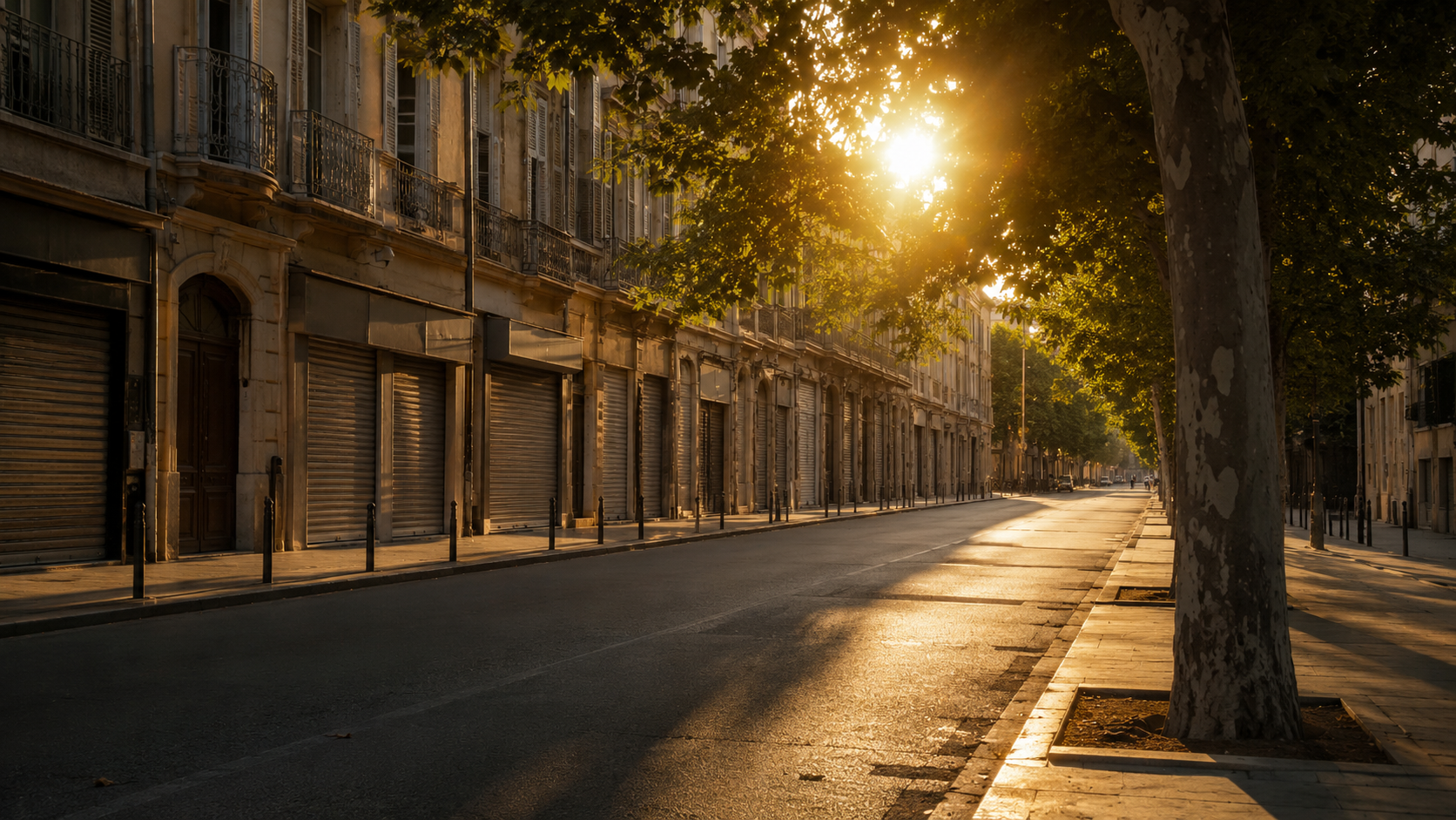 Rue arboree d'une ville francaise vide sous la chaleur de fin d'apres-midi