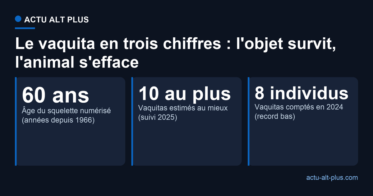 Trois repères du vaquita: 8 individus comptés en 2024, environ 10 estimés, et un squelette numérisé daté de 1966