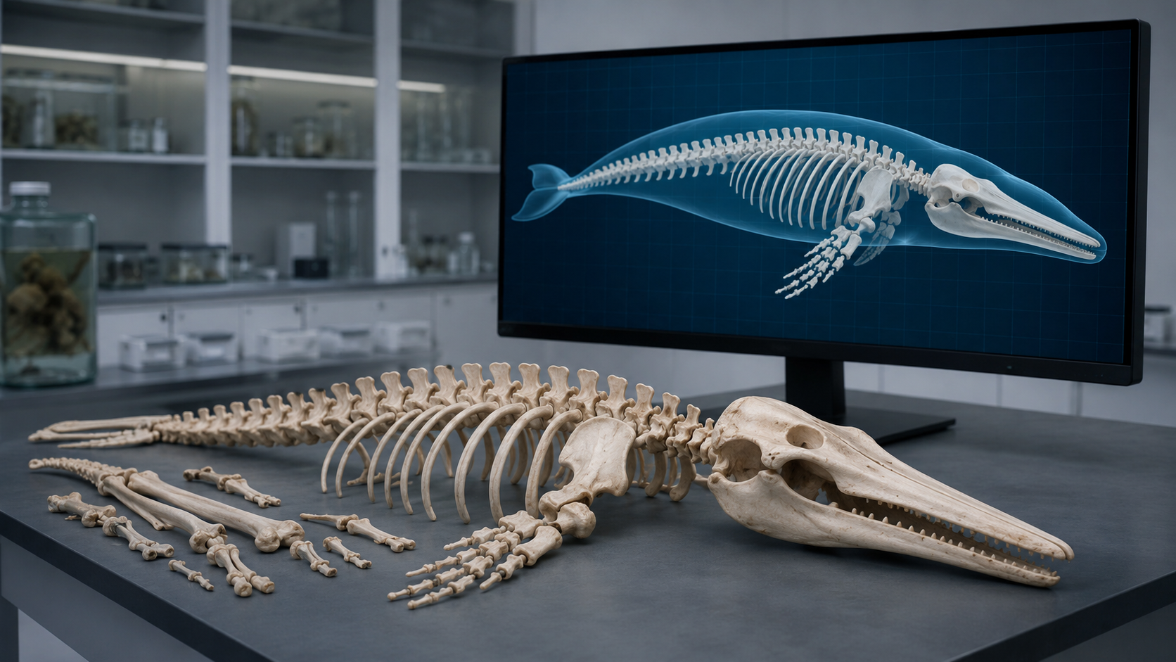 Petit squelette de cétacé sur une table de laboratoire à côté d'un écran montrant une reconstruction 3D