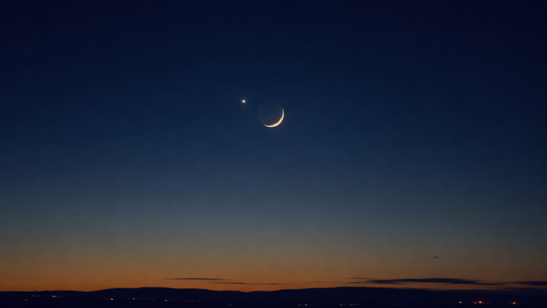 Un croissant de Lune dans un ciel bleu avec Vénus brillante juste à côté.