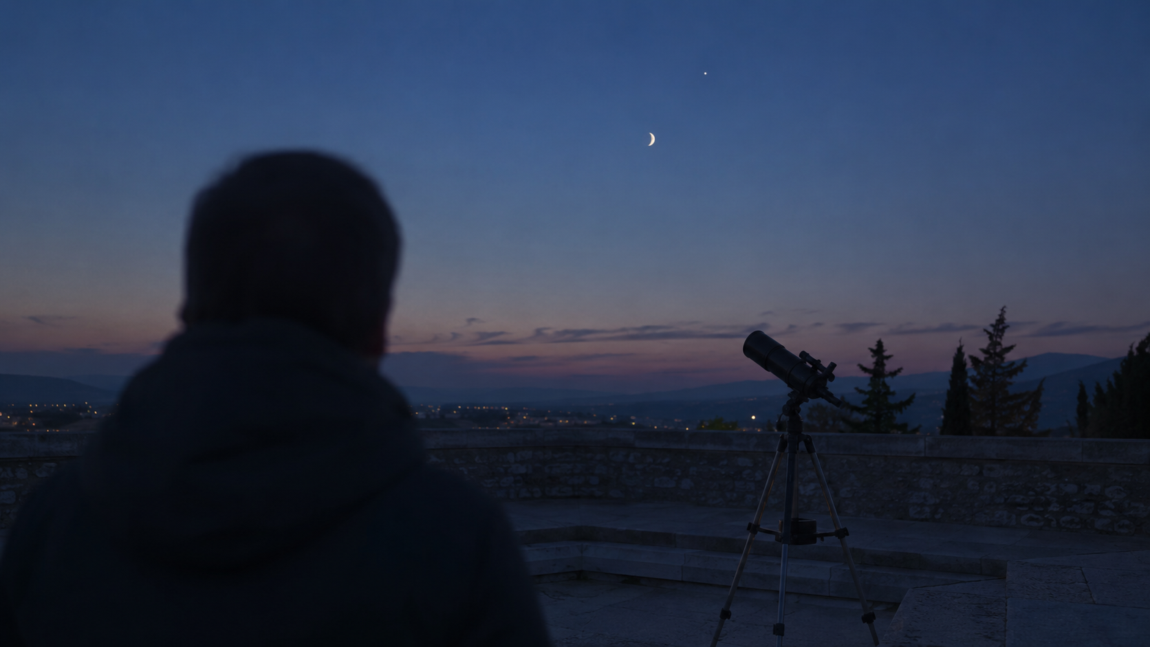 Un petit instrument d’observation sur un belvédère au crépuscule, sous la Lune et Vénus.