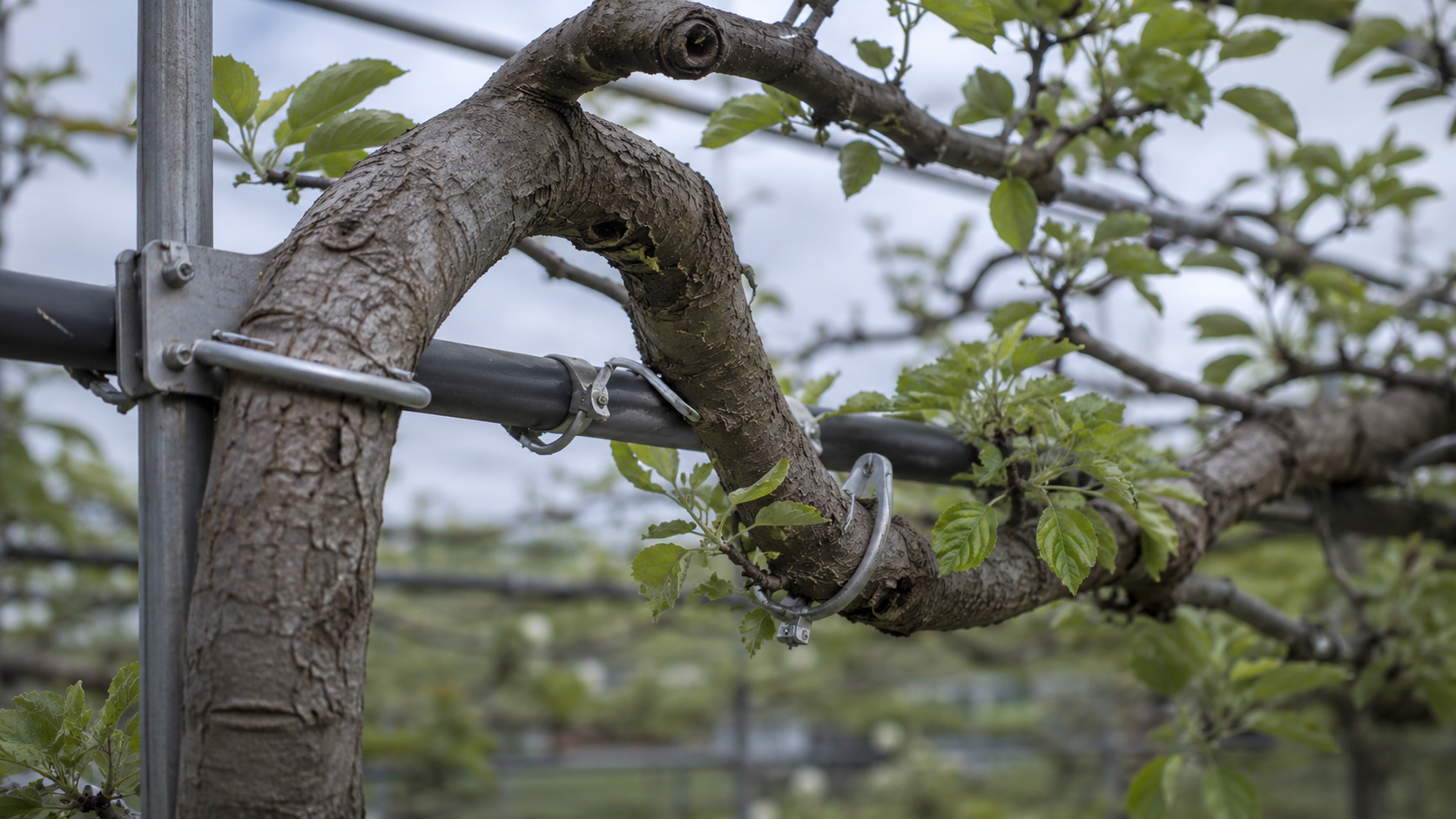 Mains d'un artisan guidant une branche d'arbre sur une armature métallique
