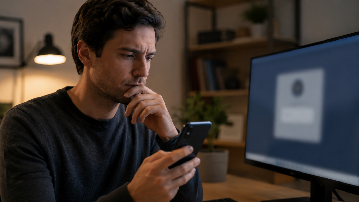 Adulte anonyme hesitant devant une etape de verification d'age sur smartphone