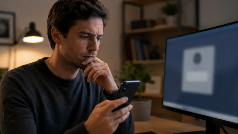 Adulte anonyme hesitant devant une etape de verification d'age sur smartphone