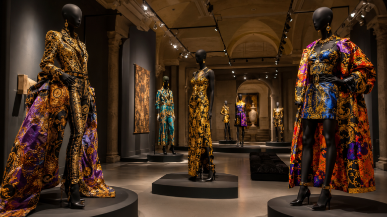 Salle d'exposition avec silhouettes mode baroque et tissus dorés sous les spots d'un musée parisien