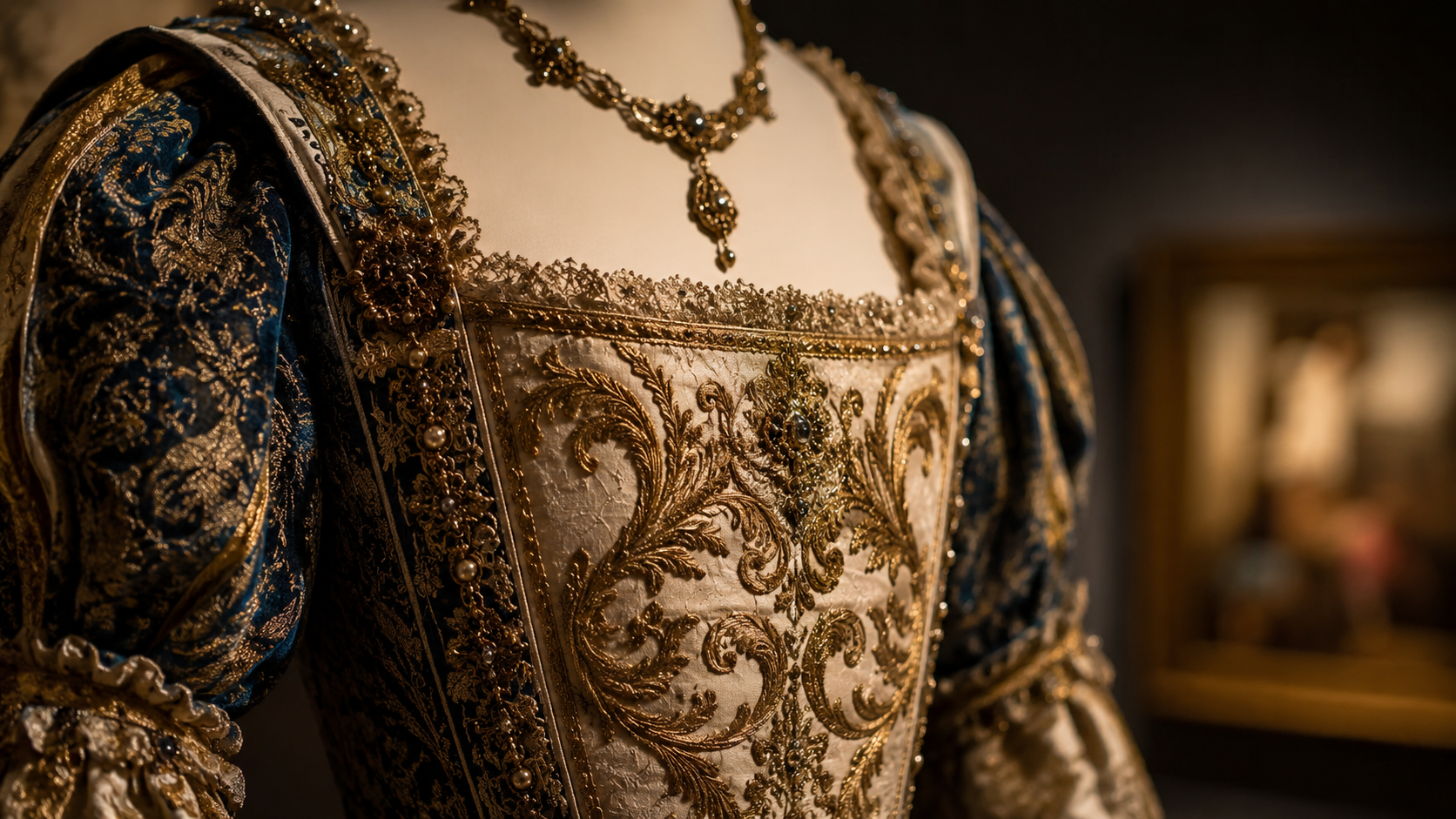 Gros plan sur une robe à motif baroque avec broderie Méduse présentée sur mannequin de musée