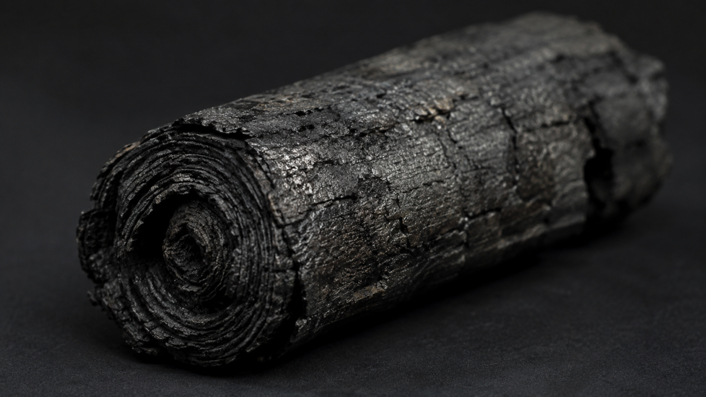 Un rouleau de papyrus d'Herculanum carbonisé et enroulé, posé sur un fond sombre