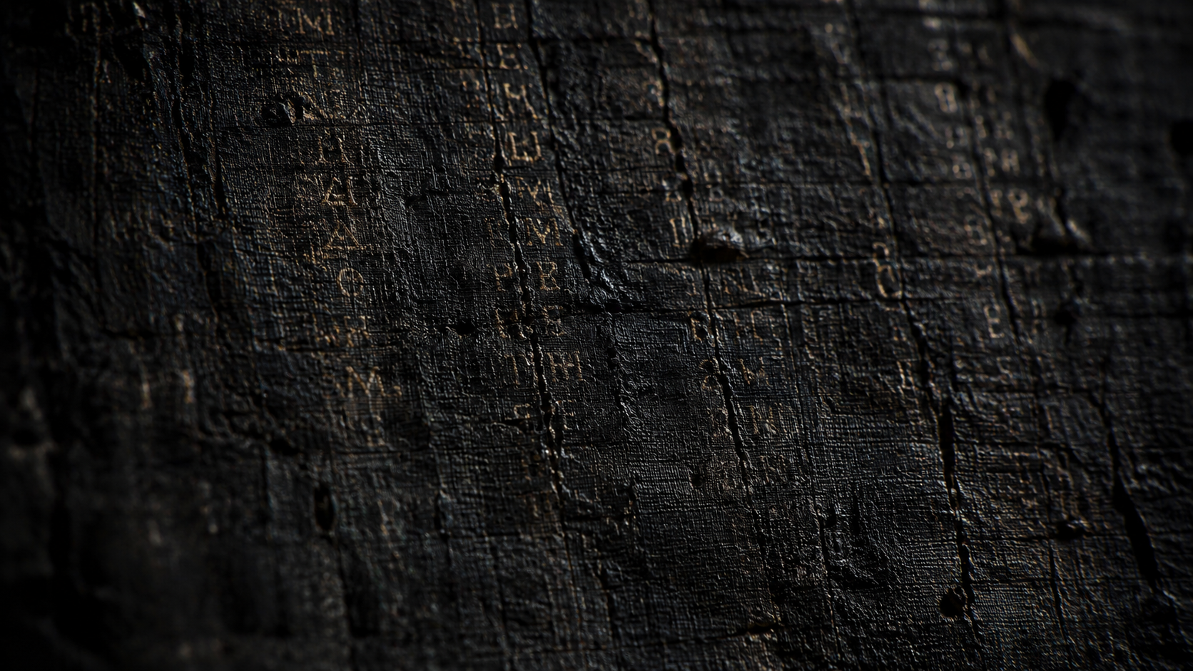 Des colonnes de lettres grecques à peine visibles émergeant d'une surface de papyrus carbonisé