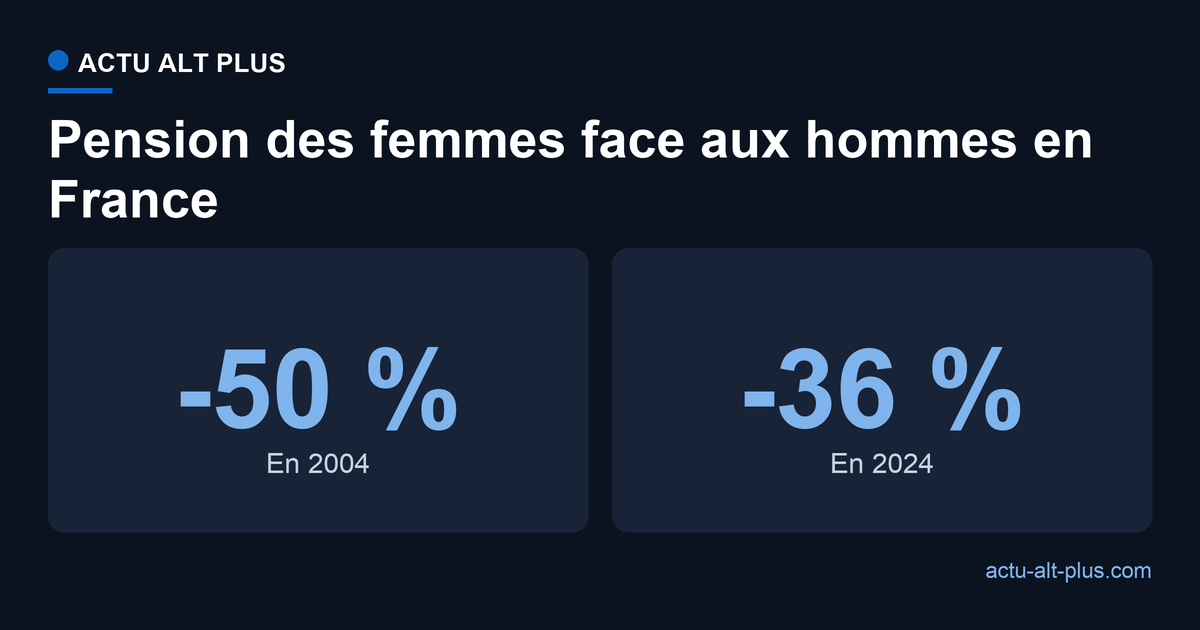Comparaison de la pension moyenne de droit direct des femmes par rapport aux hommes en France, écart de 50 % en 2004 et de 36 % en 2024