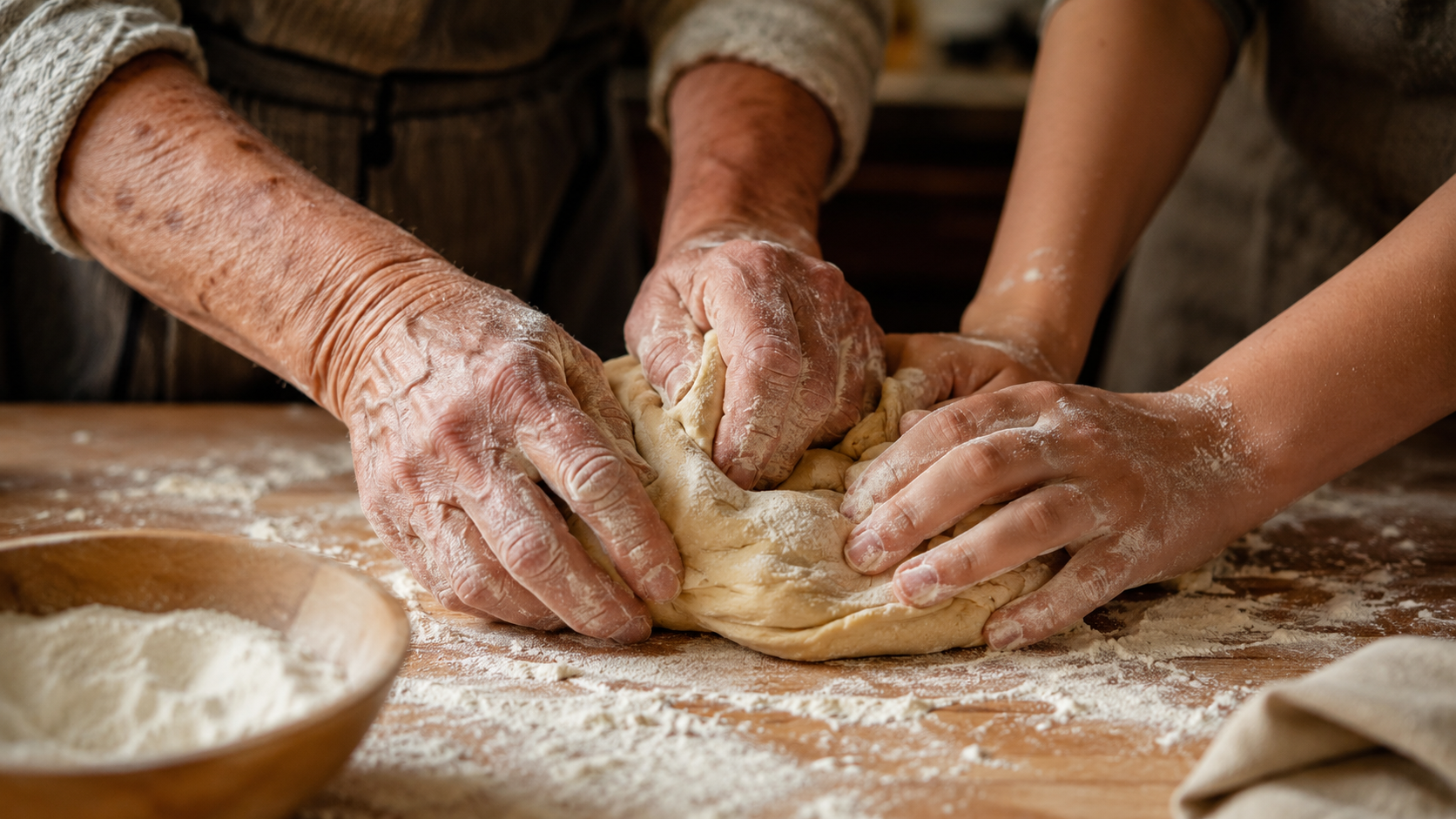 Mains d'une pâtissière âgée et de quelqu'un de plus jeune pétrissant une pâte ensemble