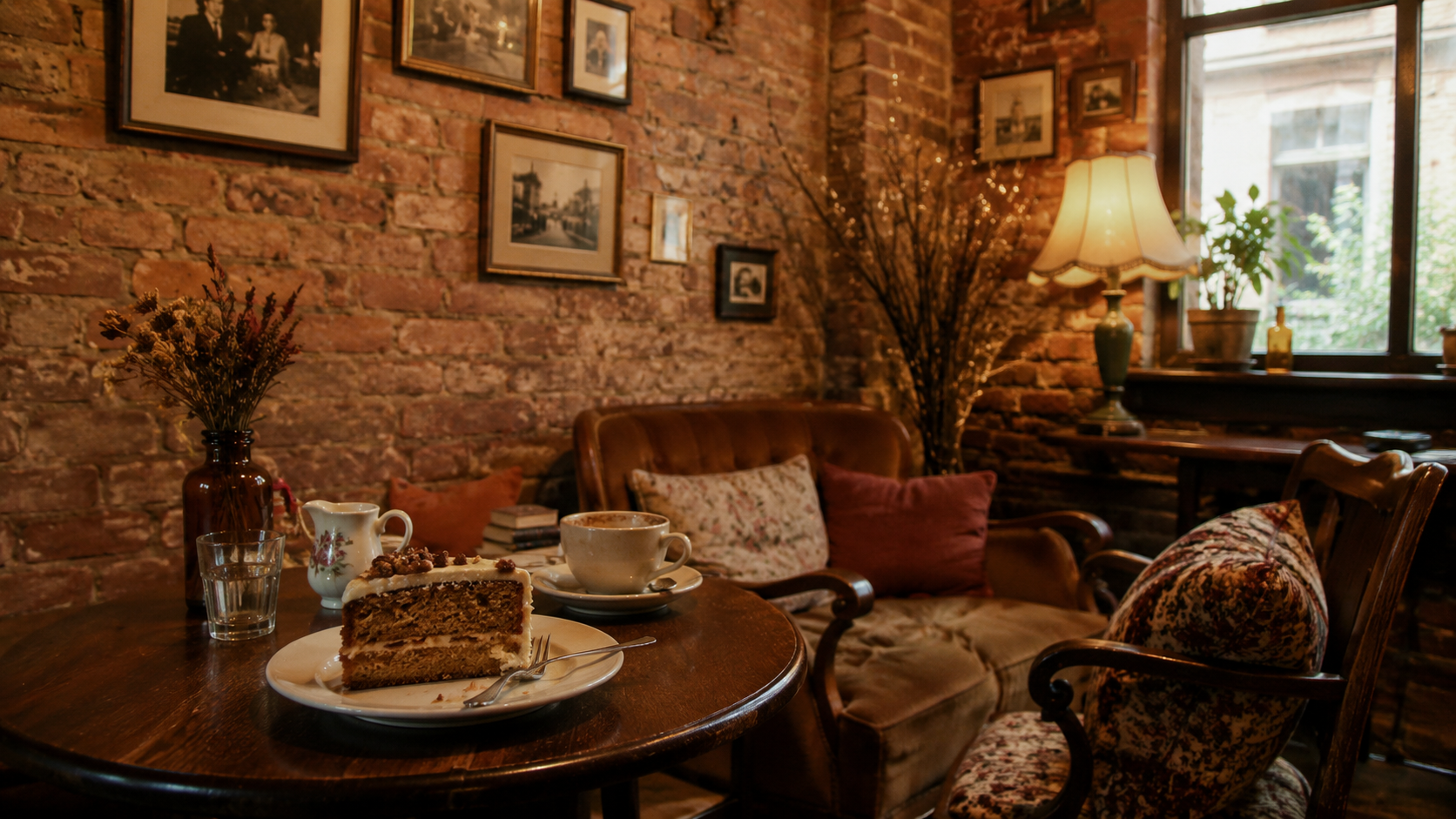 Coin salon d'un café au mobilier vintage avec canapé en velours et part de gâteau maison
