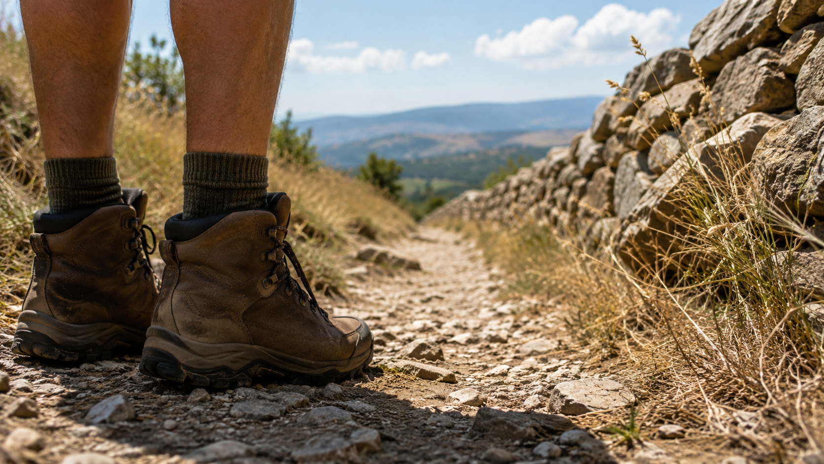 Un sentier d'été bordé d'herbes sèches et d'un muret de pierres, chaussures montantes au premier plan