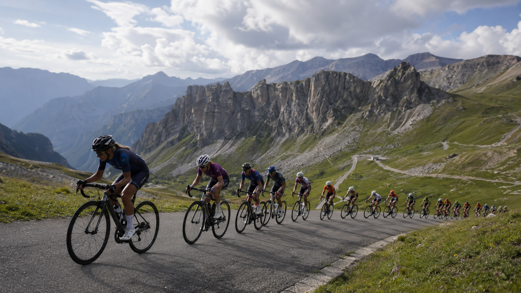 Peloton de cyclisme féminin étiré en file dans une ascension de montagne