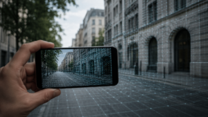 Un smartphone filme une rue européenne avec un maillage de scan en réalité augmentée sur les façades