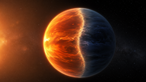 Vue d'artiste d'une exoplanete geante au cote jour incandescent et au cote nuit obscur, separes par une ligne terminateur lumineuse