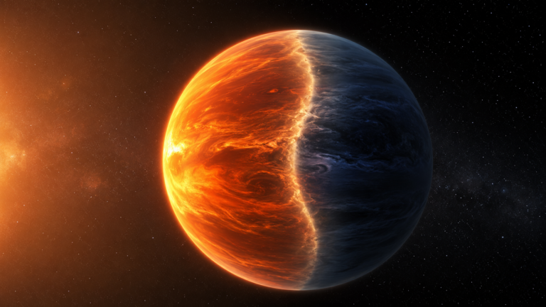 Vue d'artiste d'une exoplanete geante au cote jour incandescent et au cote nuit obscur, separes par une ligne terminateur lumineuse