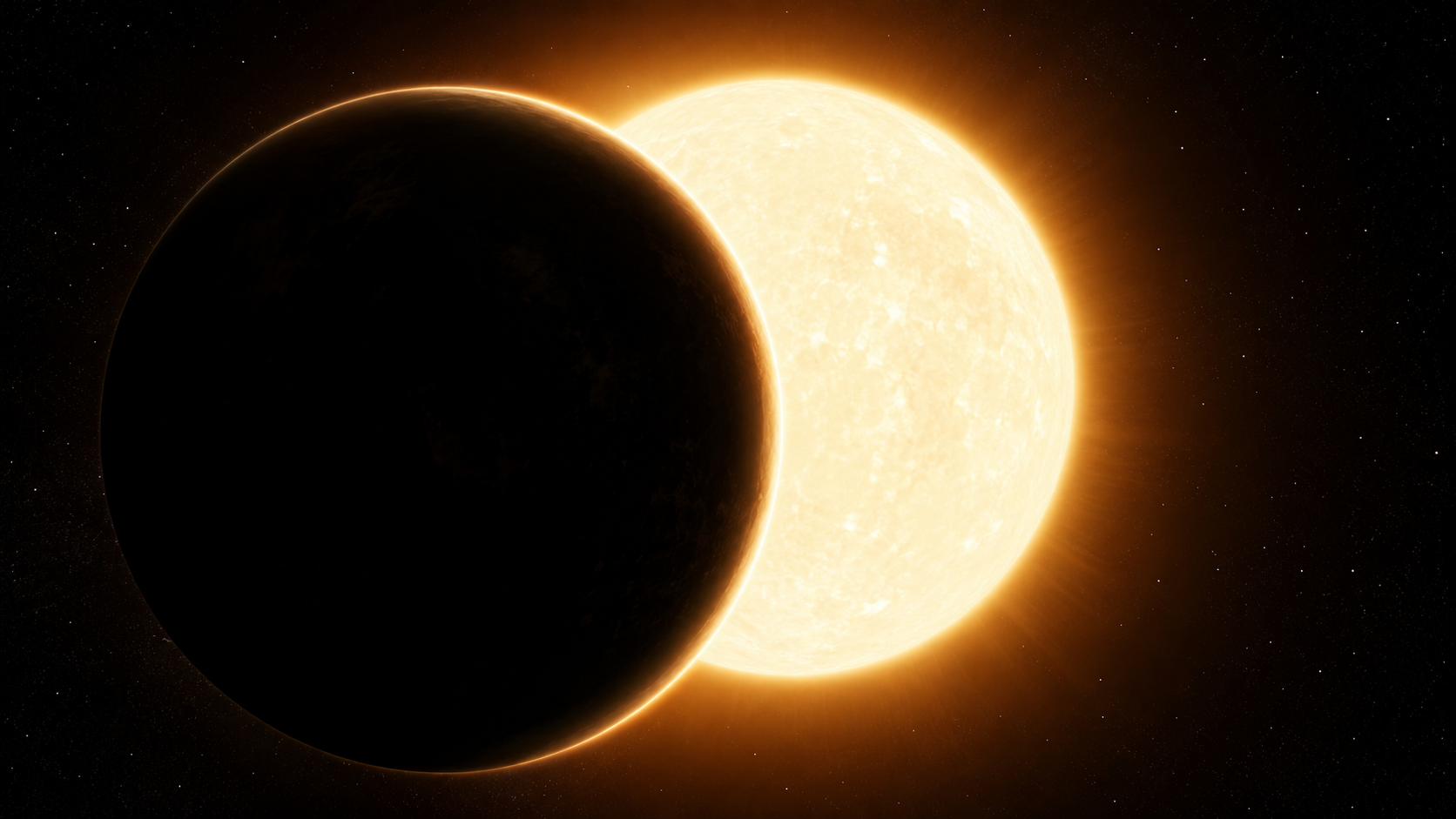 Exoplanete sombre passant devant son etoile brillante, une fine couronne d'atmosphere illuminee par-derriere