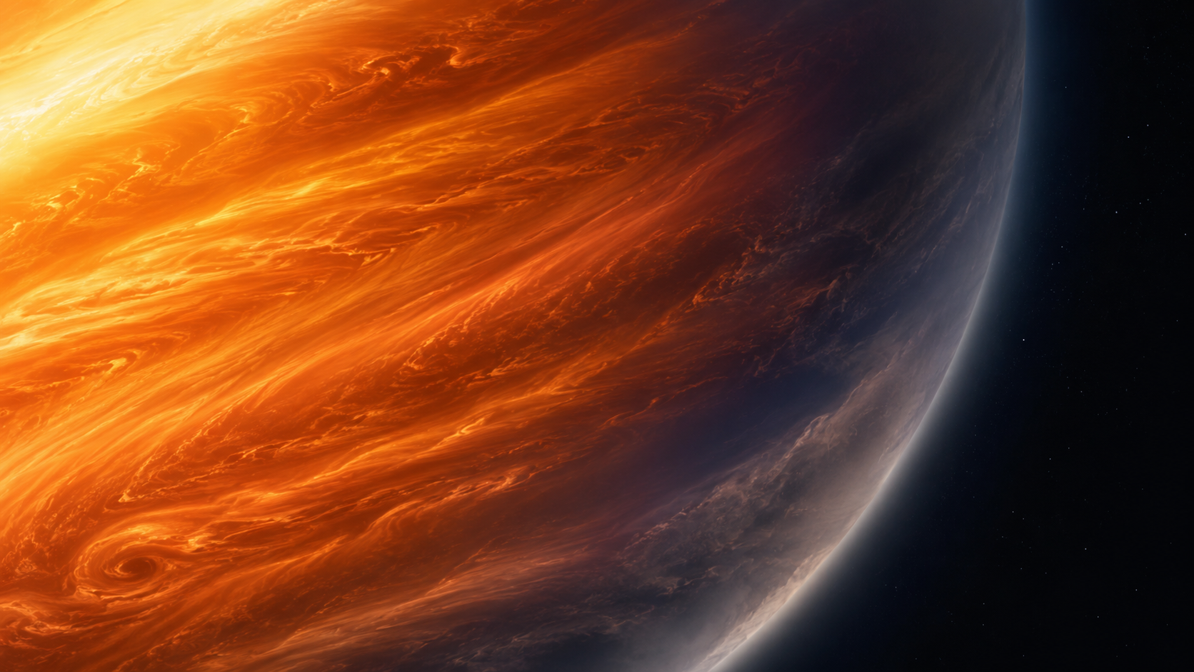 Detail atmospherique d'une geante gazeuse, bandes de gaz orange filant du cote jour vers un terminateur plus froid