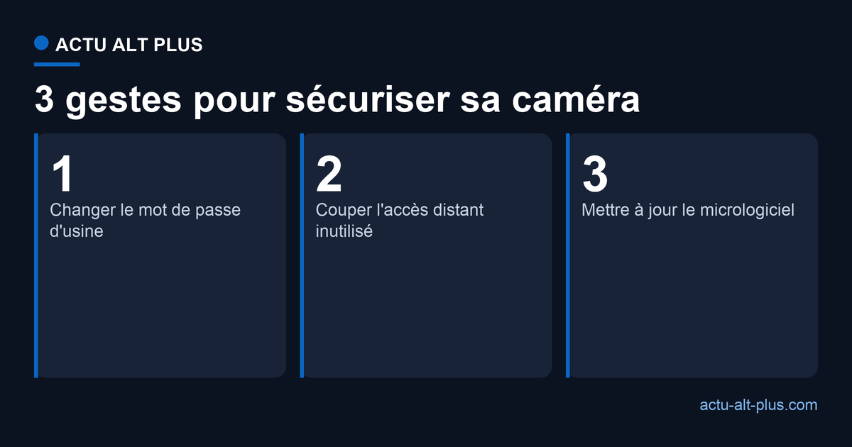 Trois gestes pour sécuriser sa caméra connectée : changer le mot de passe par défaut, couper l'accès distant inutilisé, mettre à jour le micrologiciel