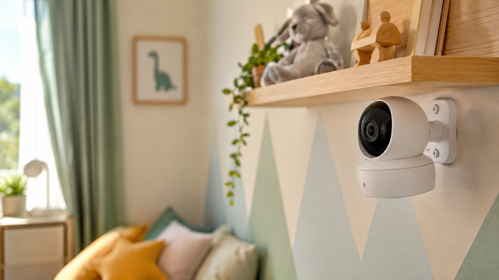 Une caméra babyphone fixée près d'une étagère de chambre d'enfant, en lumière du jour