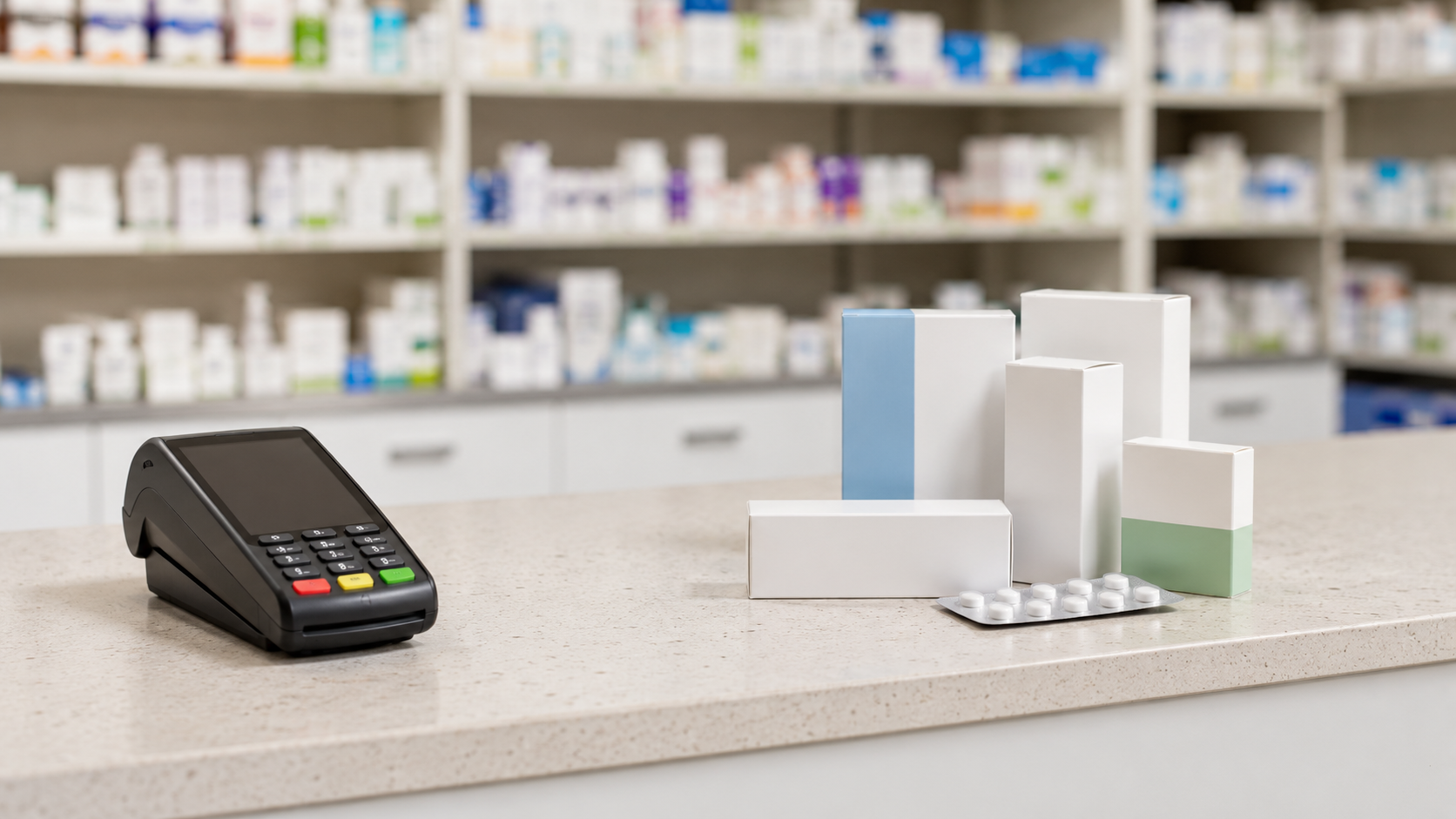 Un comptoir de pharmacie avec des boites neutres et un terminal de paiement