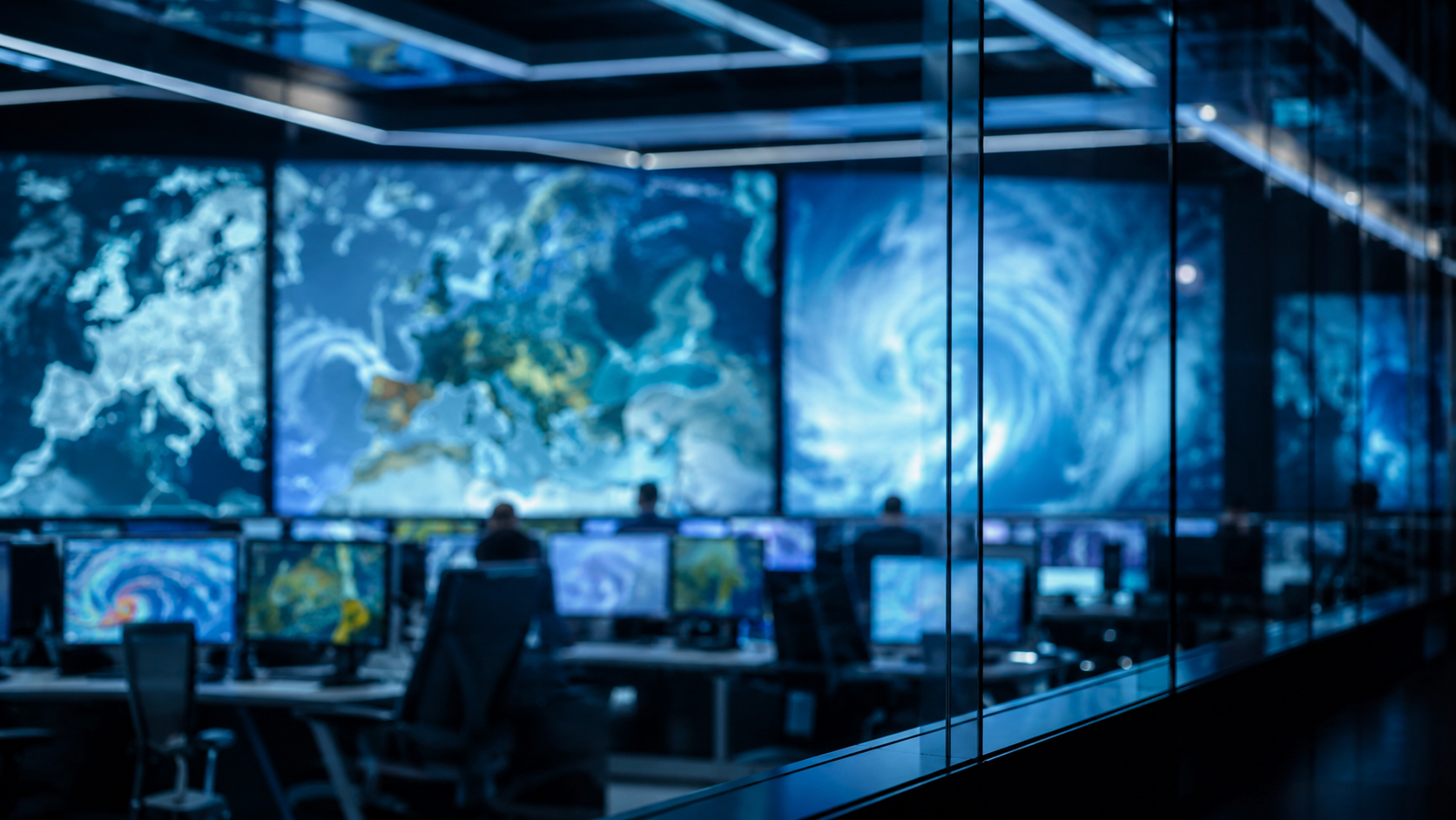 Salle de prévision météo moderne avec écrans flous