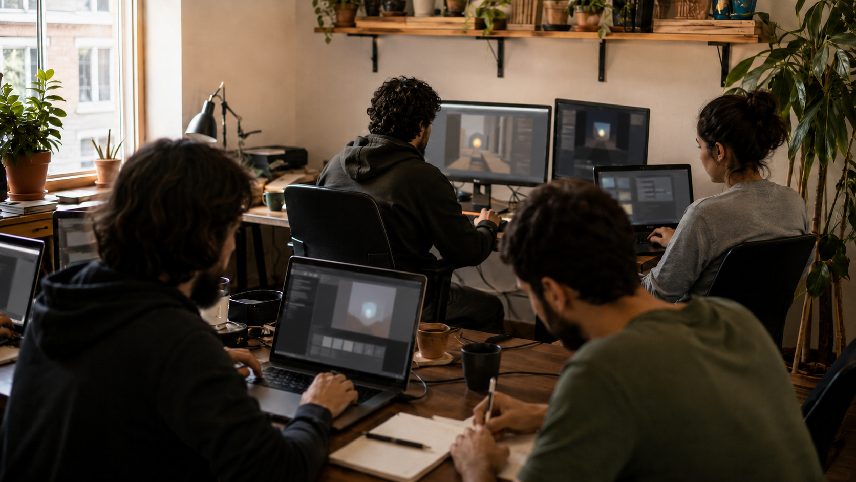 Une petite equipe de developpeurs au travail dans un bureau modeste et lumineux