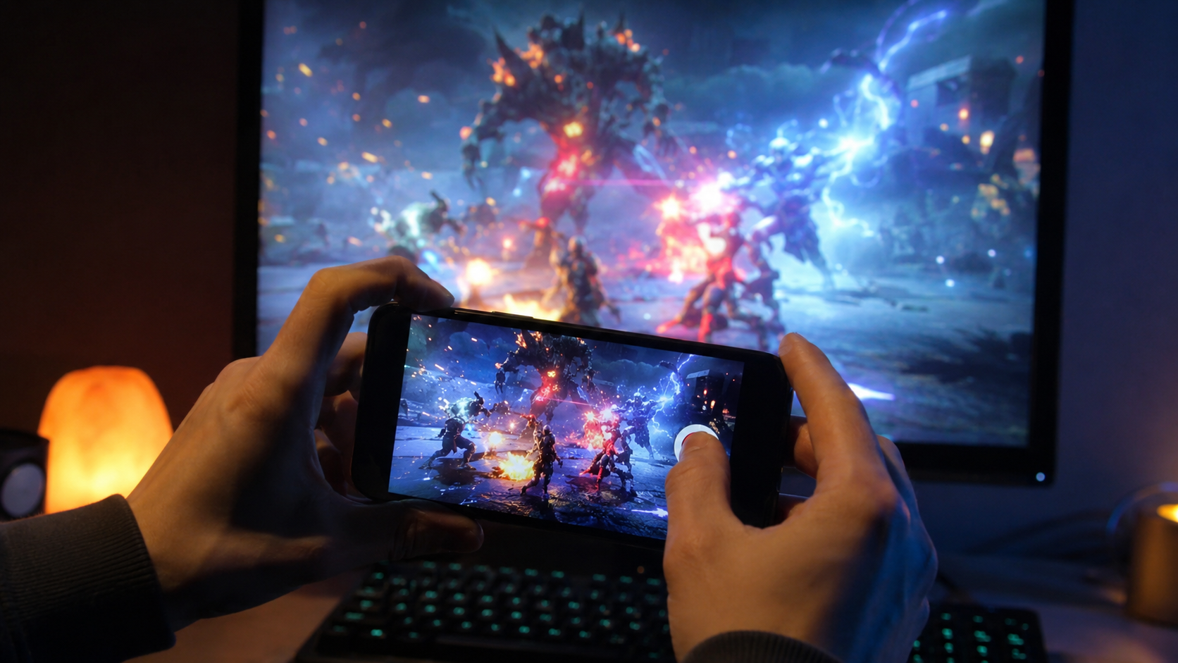 Un smartphone filme un ecran d'ordinateur affichant un moment de jeu cooperatif, ambiance nocturne