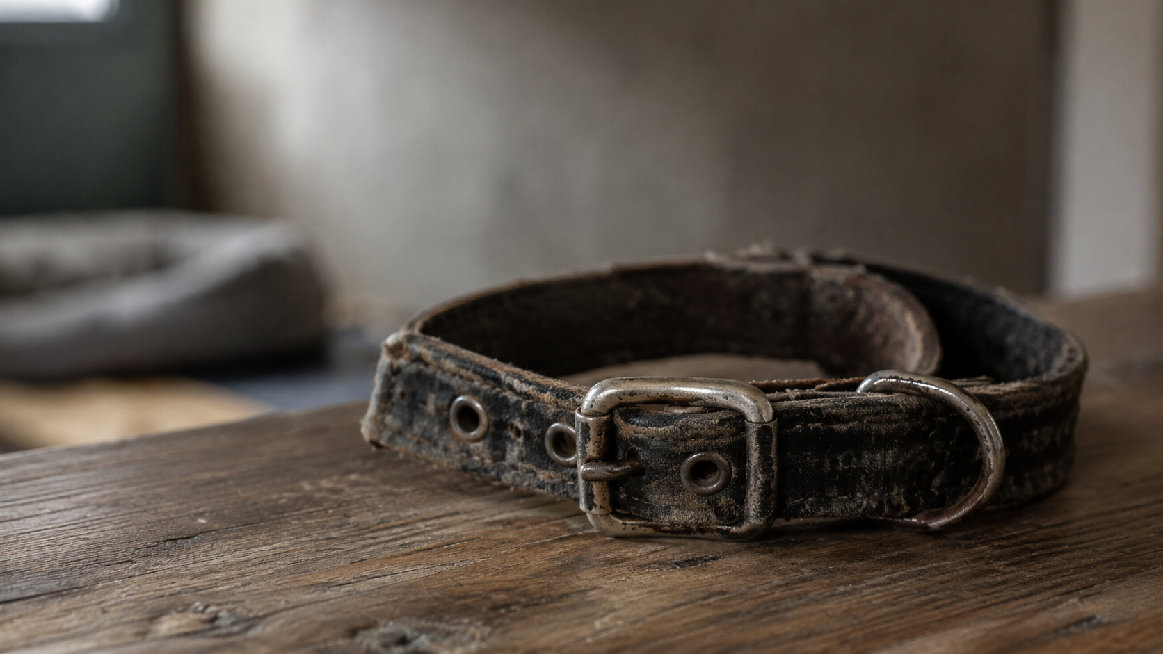 Collier de chien usé posé sur une table en bois dans une pièce de refuge