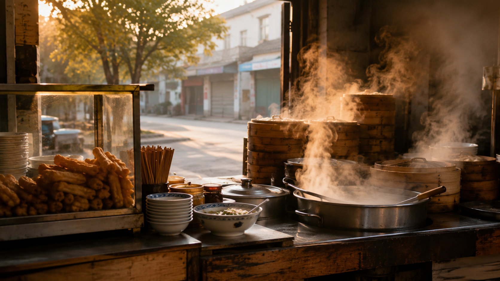 Étal de petit-déjeuner chinois avec bouillie de riz fumante, beignets et paniers vapeur en bambou