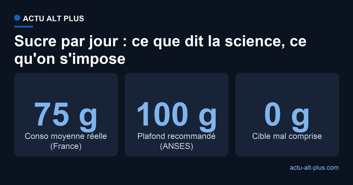 Comparaison : consommation moyenne réelle des Français 75 g de sucres par jour, plafond ANSES 100 g, cible mal comprise 0 g