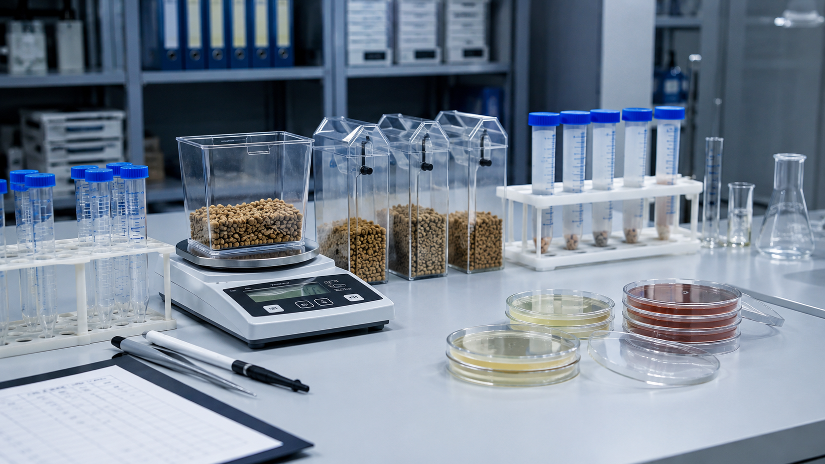Une paillasse de laboratoire avec du materiel d'alimentation pour rongeurs, sans animal visible