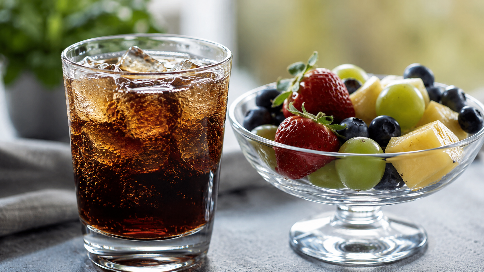 Un verre de soda petillant a cote d'une coupe de fruits frais sur une table