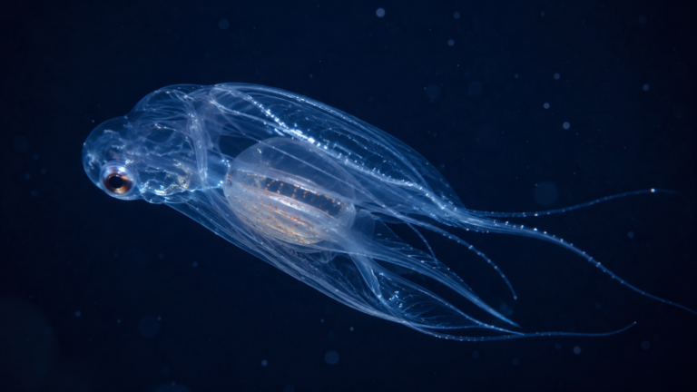 Créature marine gélatineuse translucide en suspension dans l'eau bleu sombre de la zone crépusculaire