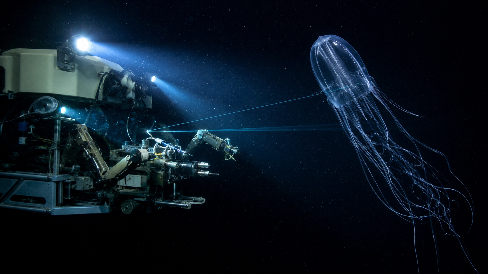 Robot sous-marin équipé de lasers observant un animal gélatineux dans l'eau profonde