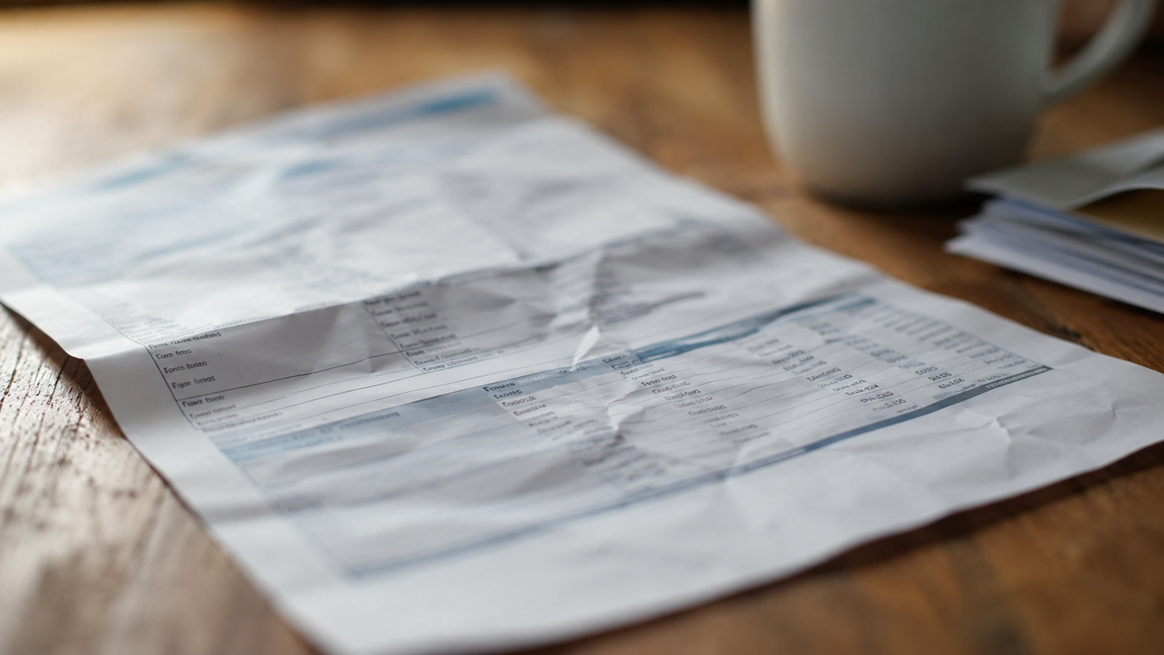 Une facture medicale en papier posee sur une table, volontairement floue et illisible