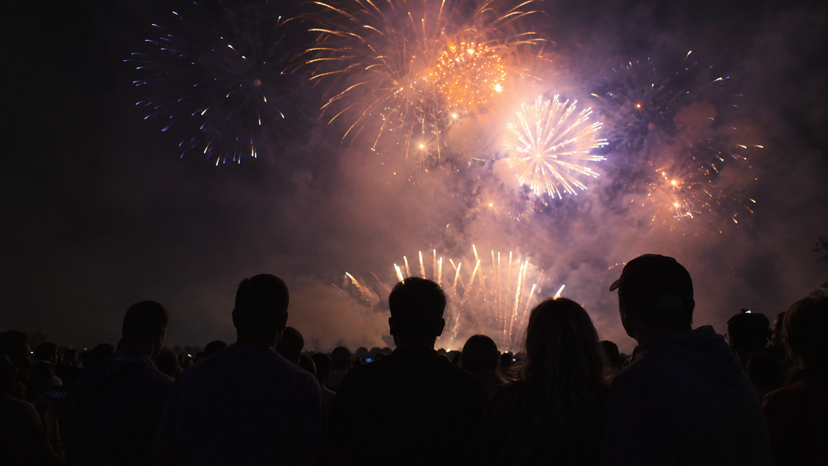 Une foule anonyme observe de dos un feu d'artifice nocturne