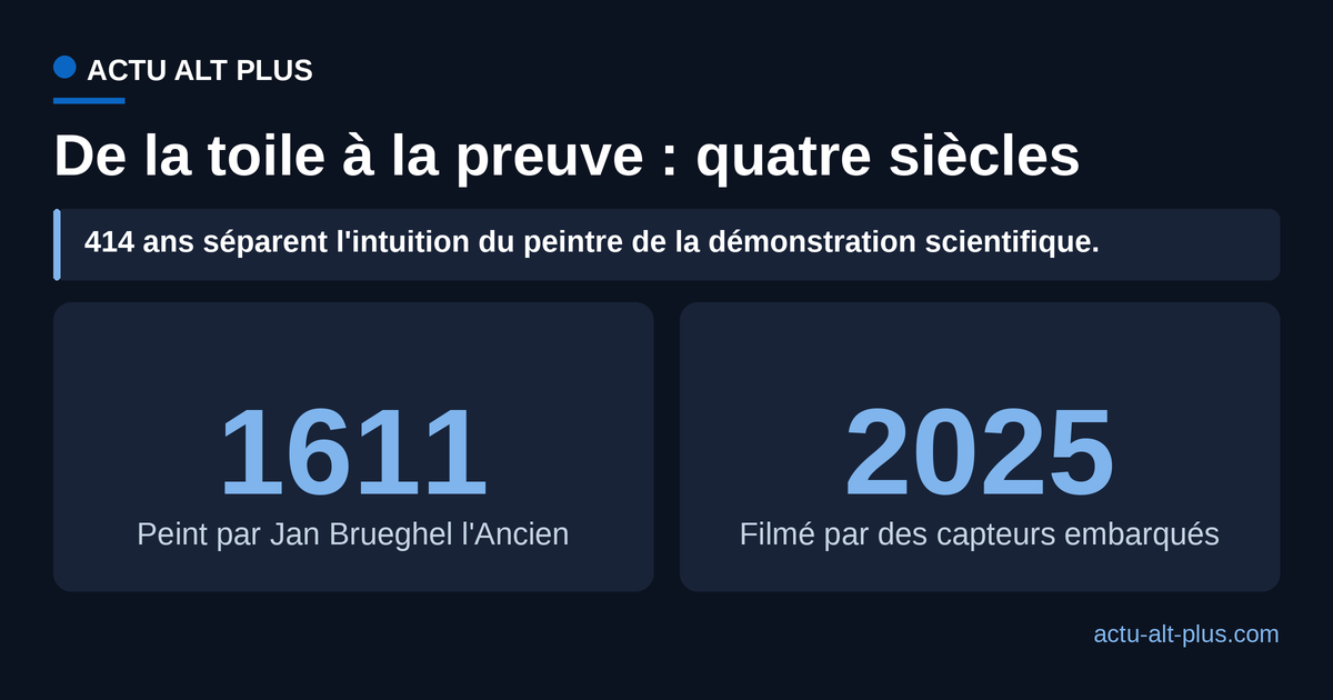 Deux dates comparées : la scène est peinte en 1611, la preuve directe filmée en 2025, soit 414 ans d'écart.